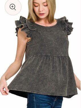 Zenana Double Gauze Acid Washed Tiered Ruffle Peplum Top - Ash Black